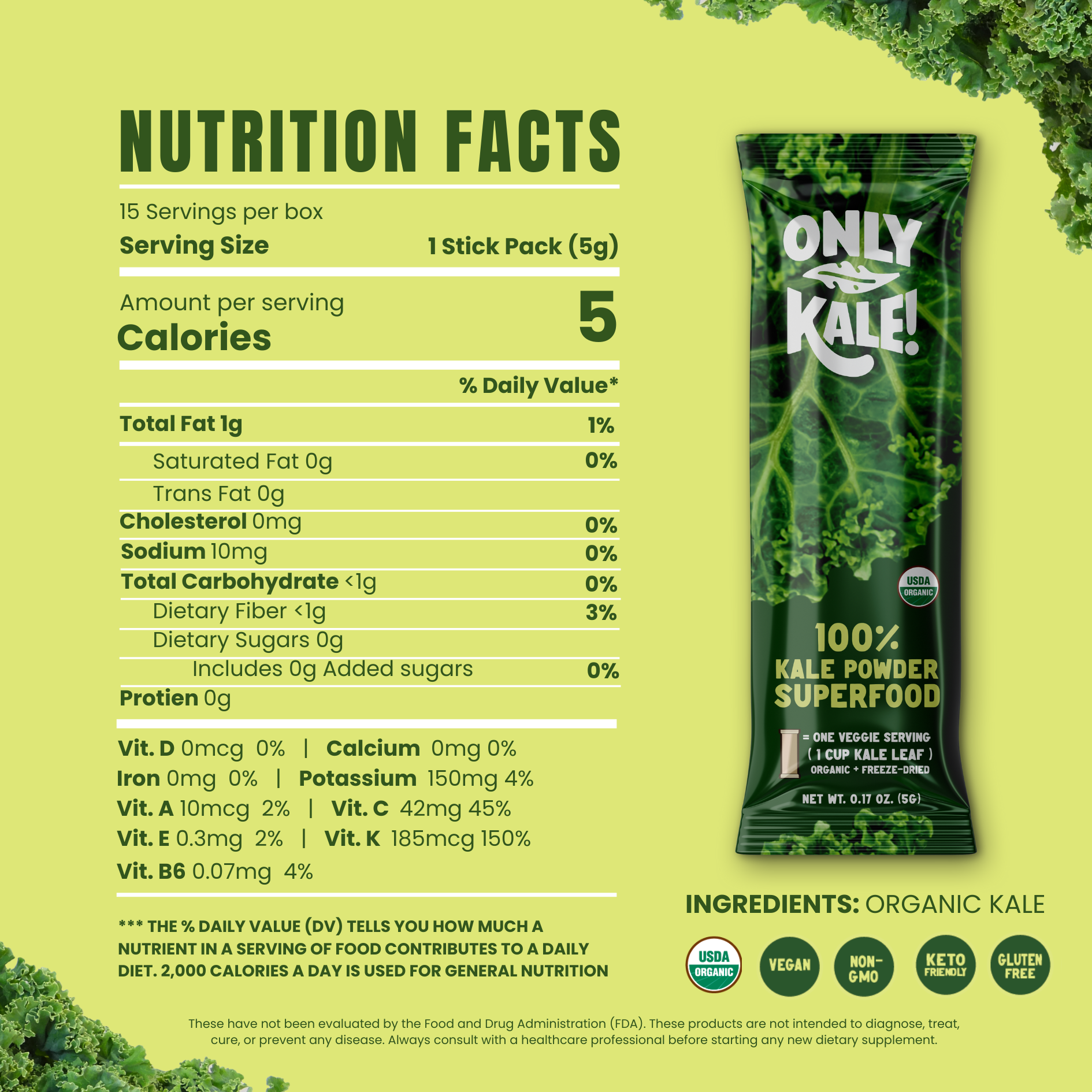 OnlyKale Organic Kale Powder Sticks – 15 Single-Serve Packets 2.64oz (75g)
