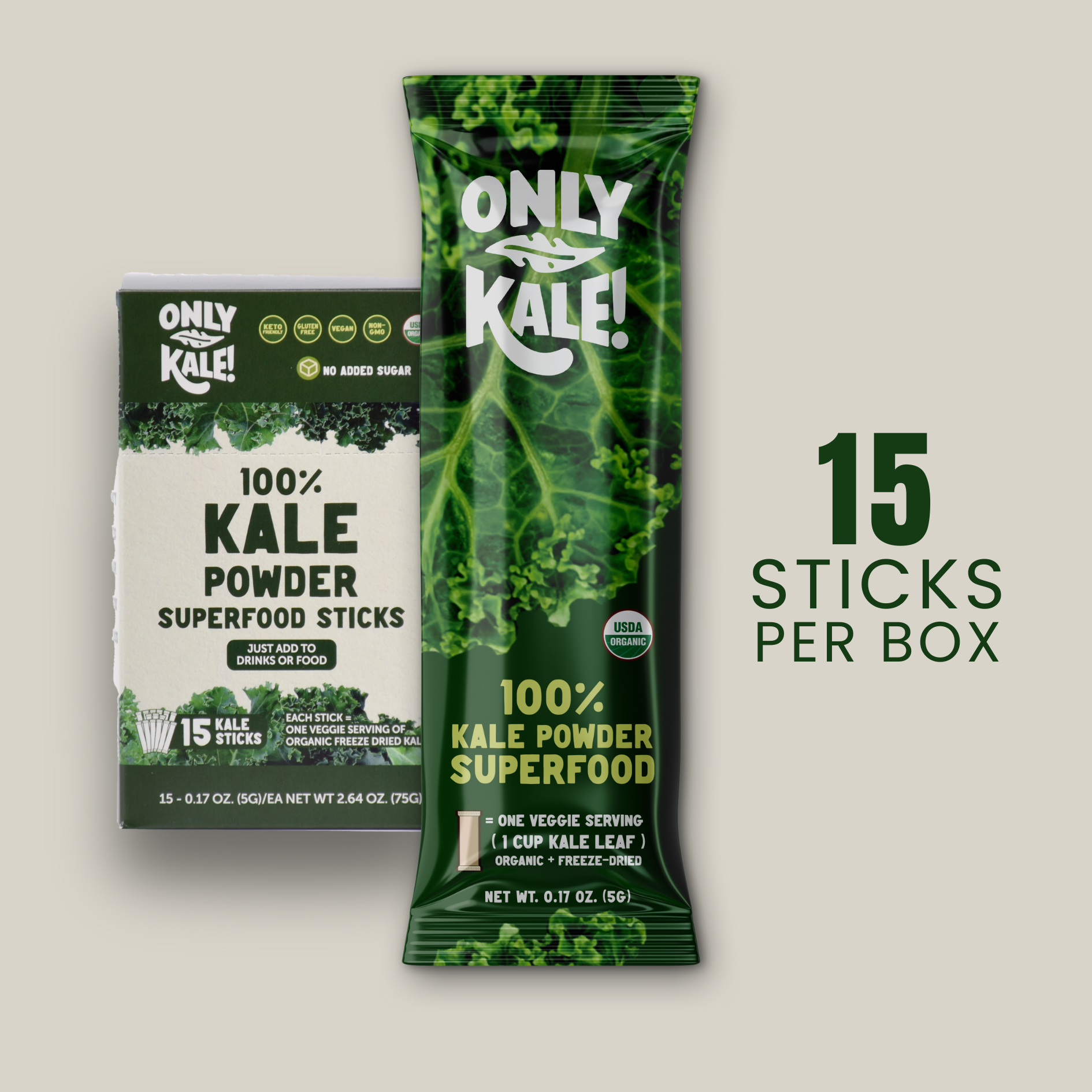 OnlyKale Organic Kale Powder Sticks – 15 Single-Serve Packets 2.64oz (75g)