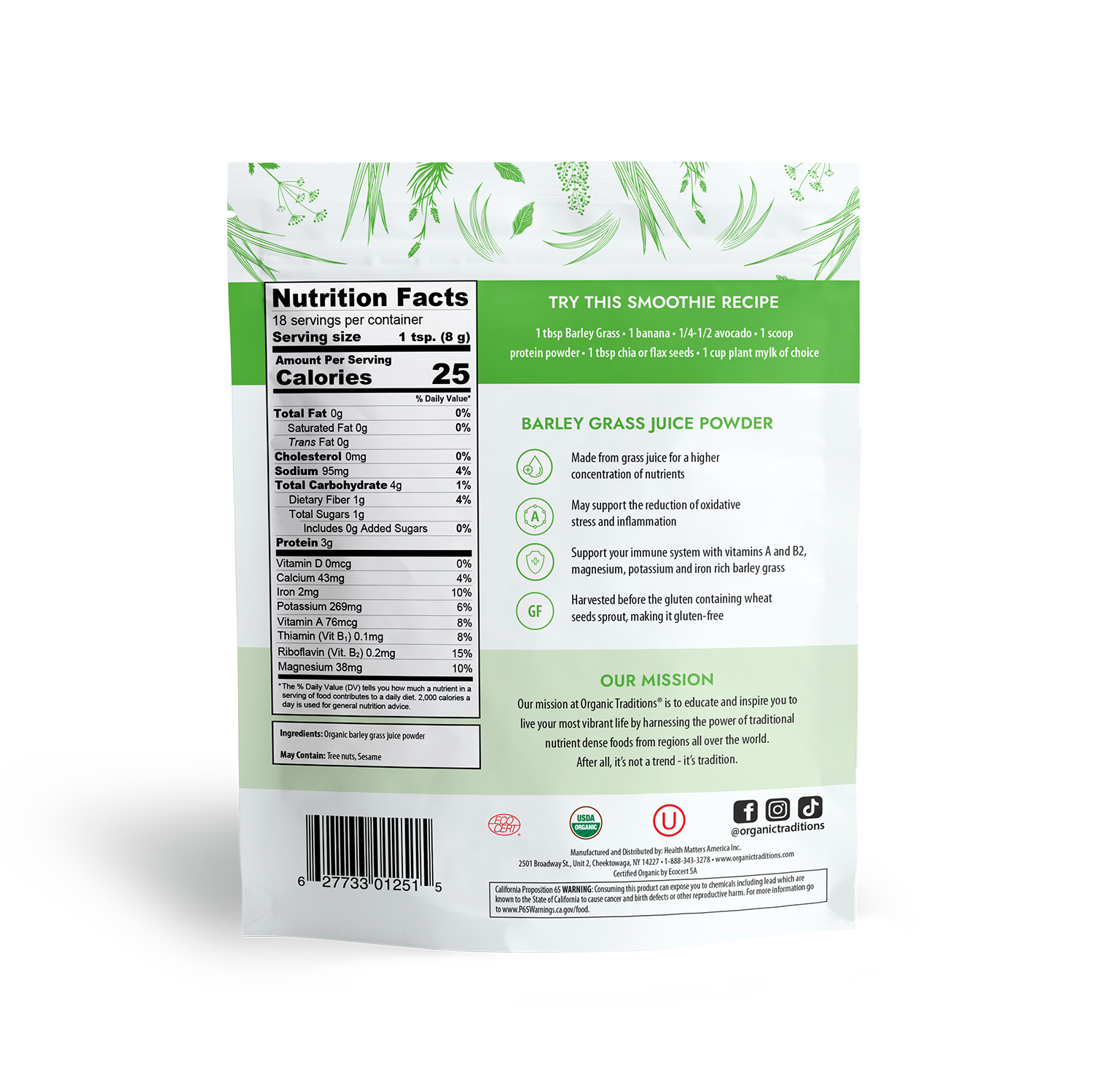 Organic Barley Grass Juice Powder :  5.3 oz (150g)