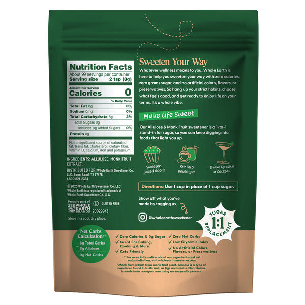 Whole Earth Allulose & Monk Fruit Zero Calorie Sweetener, 1.75lbs (794g)